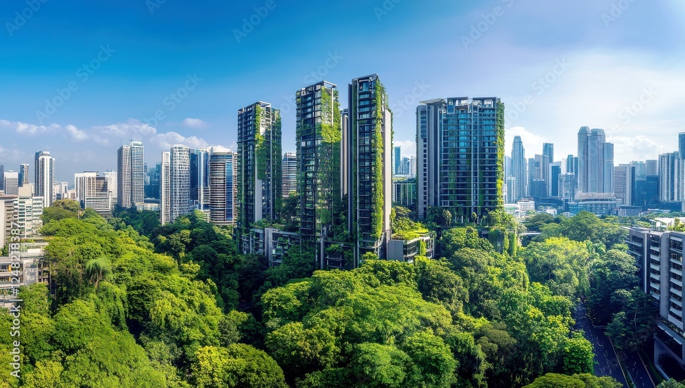 Obraz premium Lush Urban Landscape with Modern High-Rise Buildings Surrounded by Green Trees and a Clear Blue Sky in a Vibrant City Environment