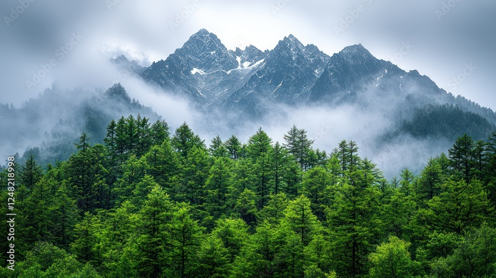Fototapeta premium Misty mountain range, lush forest, scenic view, travel poster