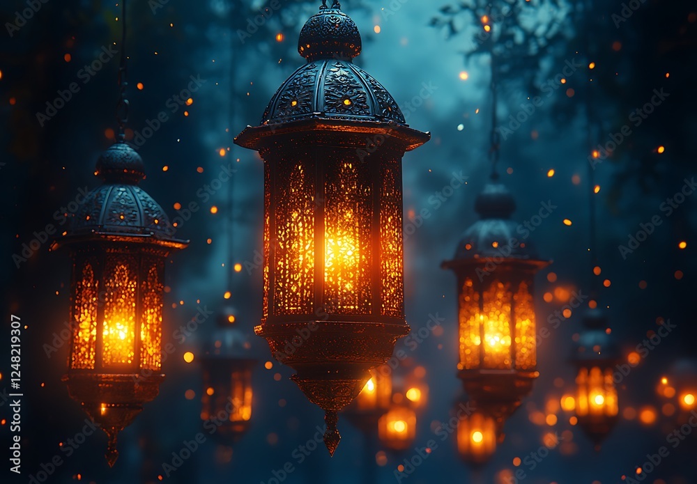 Serene forest scene illuminated by glowing lanterns hanging from trees casting warm light amidst a mystical, blue-hued atmosphere
Serene forest scene illuminated by glowing lanterns hanging from trees casting warm light amidst a mystical, blue-hued atmosphere