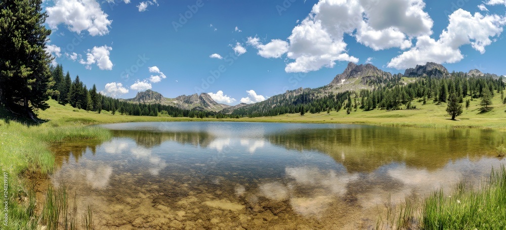 Fototapeta premium Serene Mountain Landscape Reflecting in Calm Lake Surrounded by Lush Green Forest Under Clear Blue Sky with Fluffy White Clouds