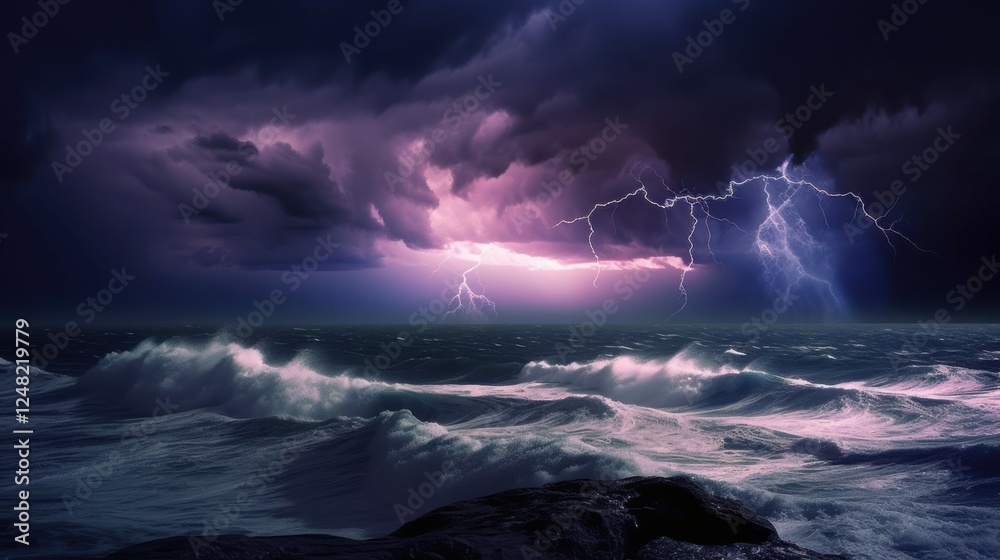 Naklejka premium Anxiety Storm Abstract: Dark Swirling Clouds, Turbulent Sea, Lightning Flashes. Intense Mental Health Concept, Ideal for Awareness Campaigns