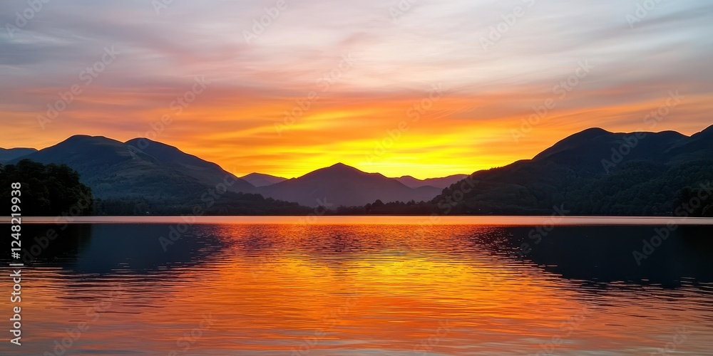 Naklejka premium A serene sunset over a tranquil lake, reflecting vibrant orange and pink hues against silhouetted mountains and a calm water surface.