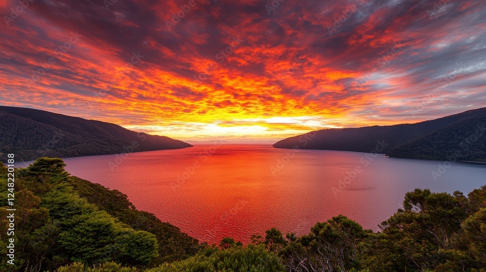 Fototapeta premium A stunning sunset paints the sky in vibrant hues of orange and red, reflecting beautifully on a calm lake surrounded by lush hills.