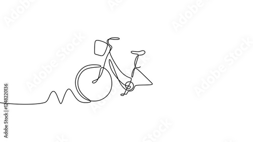 Continuous line drawing animation of bicycle. A bicycle with a basket in front of it isolated on white background. Animation video