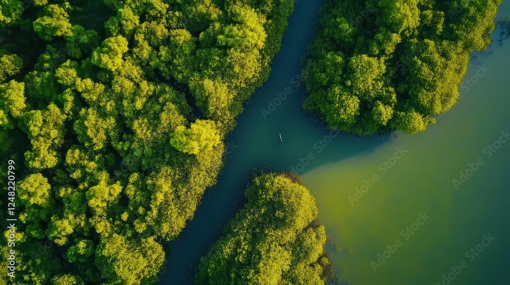 Naklejka premium Aerial view of lush green forest surrounding a winding river, showcasing vibrant foliage and tranquil waters in a serene natural landscape.