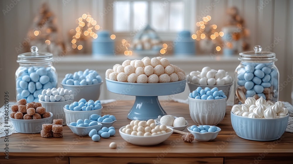 Naklejka premium Festive candy buffet, winter home, light bokeh