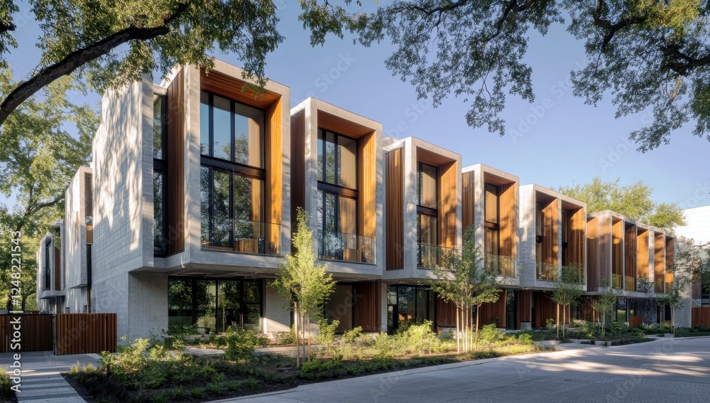 Fototapeta premium Modern residential architecture featuring sleek lines, large windows, and natural materials in a serene urban landscape surrounded by lush trees