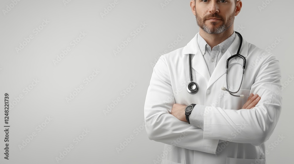 Professional doctor with stethoscope and medical coat on white background for healthcare design Professional doctor with stethoscope and medical coat on white background for healthcare design