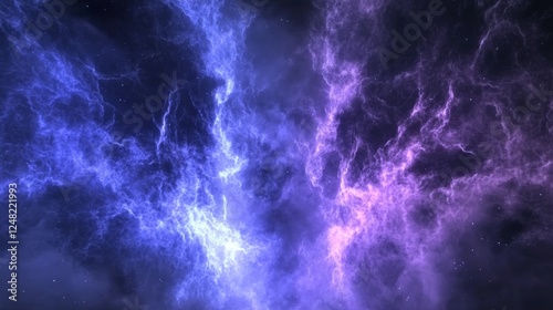 A cosmic expanse unfolds painted with hues of vibrant purples and blues revealing the breathtaking beauty of a distant nebula in space