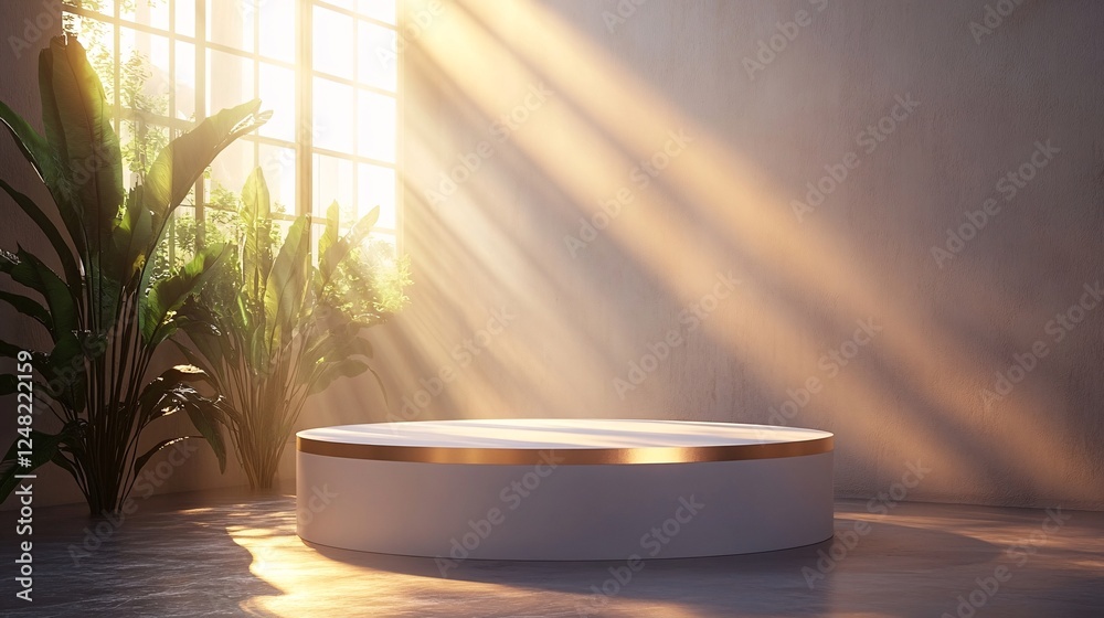 Fototapeta premium Gold-topped white cylindrical podium glowing in soft sunlight; great for showcasing high-end products or luxury-themed visuals.