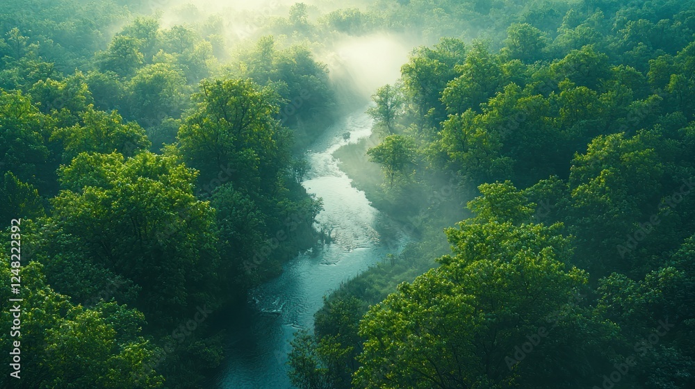 Misty river flowing through lush green forest, aerial view Misty river flowing through lush green forest, aerial view