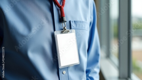 A lanyard mockup with a blank ID card hanging from a red lanyard on a person wearing a blue shirt.
