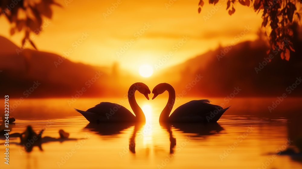 Fototapeta premium Swans forming a heart shape against a vibrant sunset on a tranquil lake