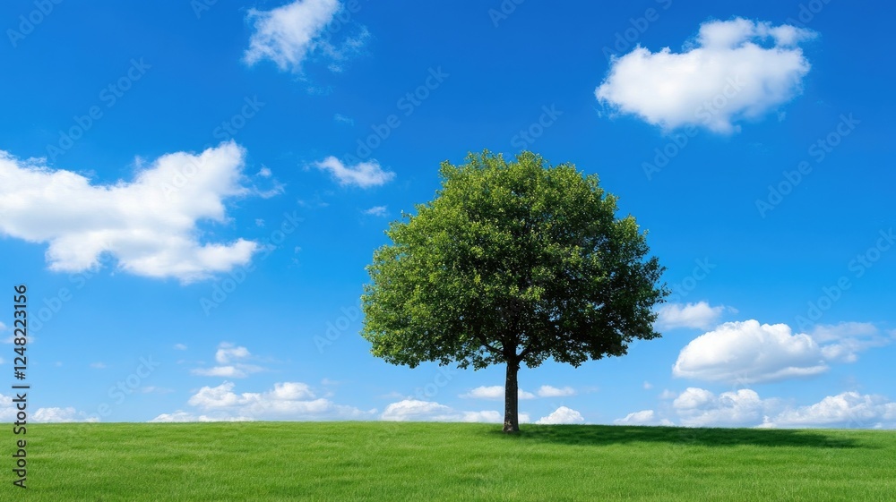 Lone tree stands in green field under blue sky with scattered clouds Lone tree stands in green field under blue sky with scattered clouds
