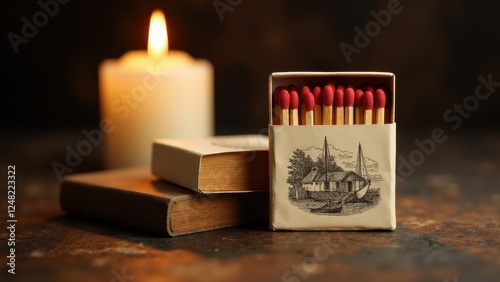 A matchbox mockup with red-tipped matches, a lit candle, and books in the background, creating a warm and nostalgic atmosphere.