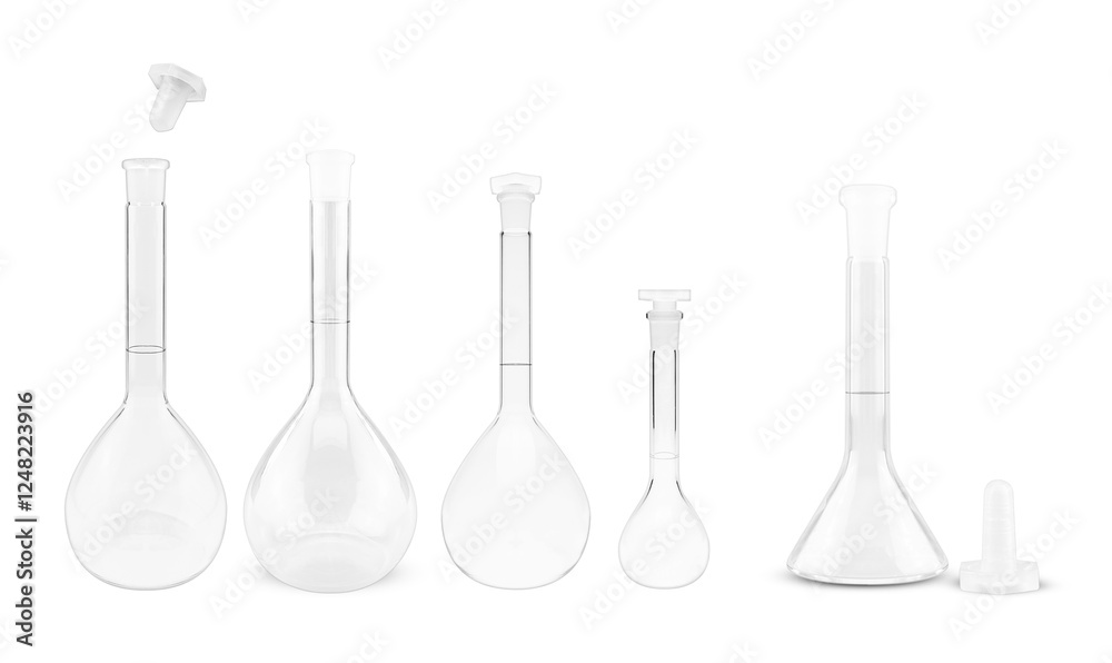 A set of transparent volumetric flasks with stoppers isolated on a white background. Laboratory glassware used for precise liquid measurement in scientific research. A set of transparent volumetric flasks with stoppers isolated on a white background. Laboratory glassware used for precise liquid measurement in scientific research.