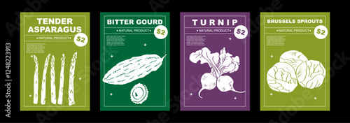 Tender asparagus, bitter gourd, turnip, Brussel sprouts.Set of posters of vegetables in a abstract draw design. Label or poster, price tag. Patterns and backgrounds. Perfect for poster, cover, banner.