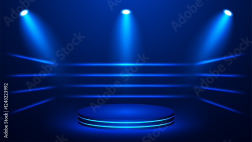 Blue neon boxing ring background with podium neon. vector design