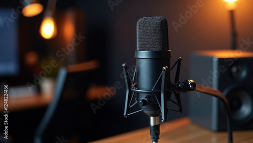 A microphone mockup in a professional studio setting with warm lighting and blurred background elements.