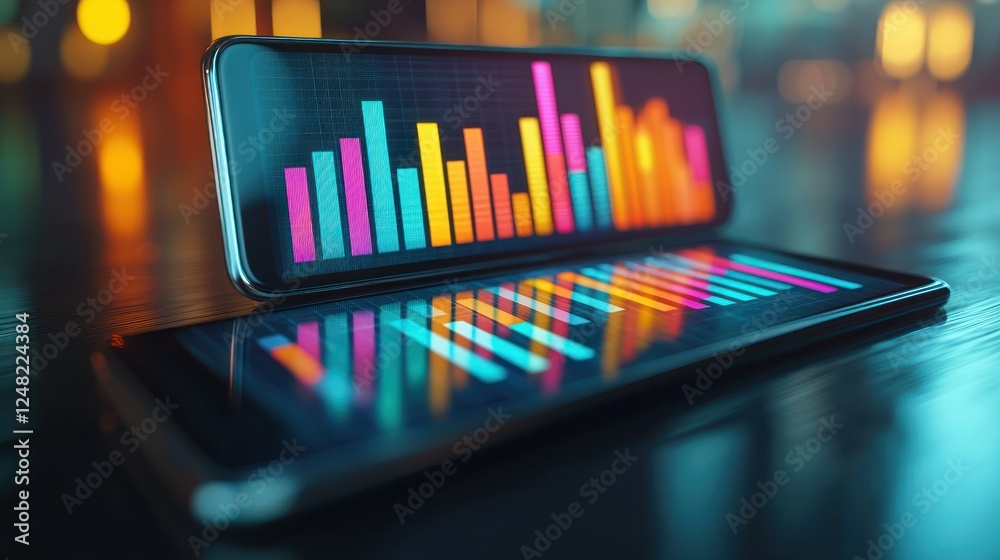 Mobile phone displays financial charts at night Mobile phone displays financial charts at night