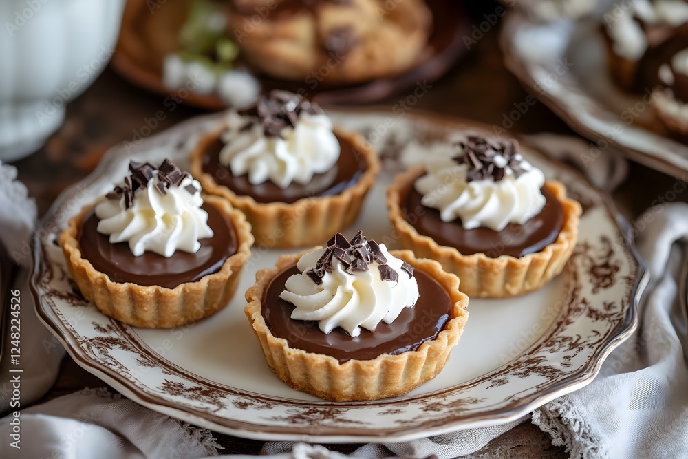 Close-up of handmade chocolate tartlets with rich filling and whipped cream Close-up of handmade chocolate tartlets with rich filling and whipped cream