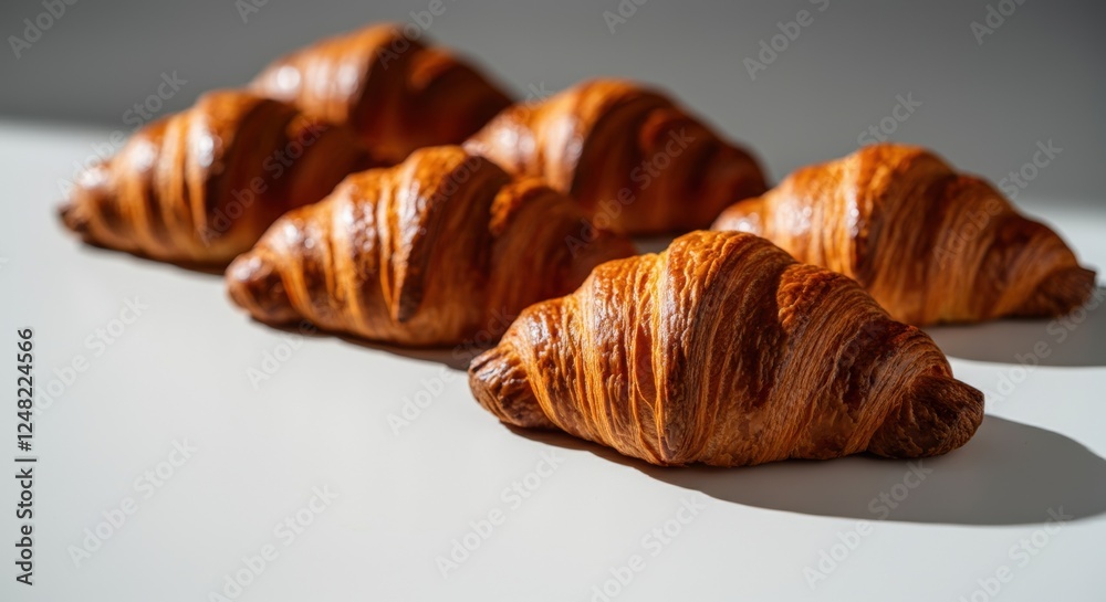 Freshly baked croissants arranged on a white counter Freshly baked croissants arranged on a white counter