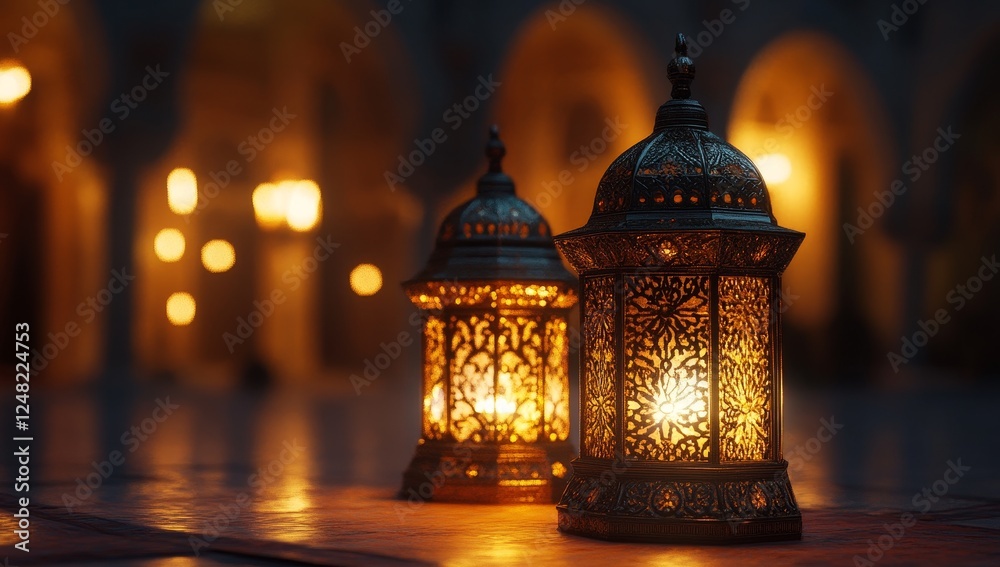 Two ornate lanterns glowing warmly at night. Two ornate lanterns glowing warmly at night.