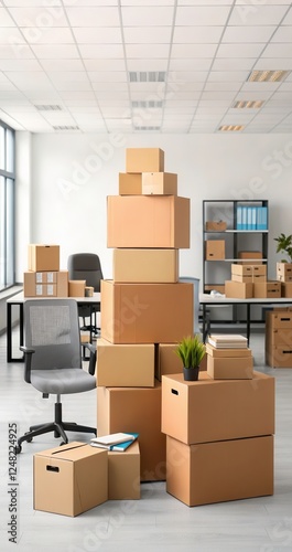 Office Moving Day With Stacked Cardboard Boxes and a Chair in a Spacious Workspace. Generative AI