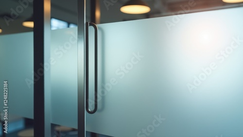 Office branding mockup featuring a frosted glass door with a metal handle in a modern office setting.