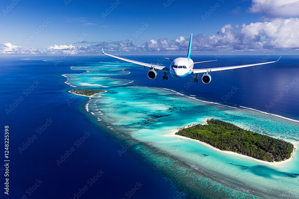 Airplane flying over tropical islands with turquoise waters Airplane flying over tropical islands with turquoise waters