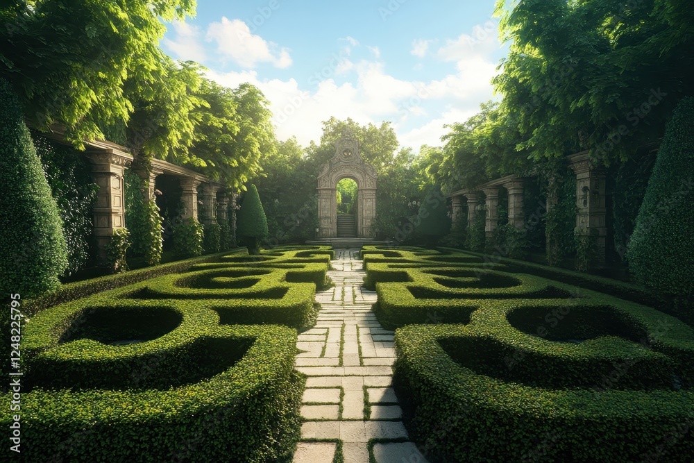 Lush garden paths lead to an ornate gate in a tranquil, sunlit landscape filled with greenery and intricate hedges Lush garden paths lead to an ornate gate in a tranquil, sunlit landscape filled with greenery and intricate hedges