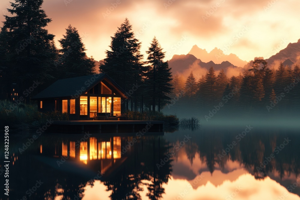 Fototapeta premium Majestic sunset over a tranquil lake reflecting a cozy cabin surrounded by towering trees and mountains