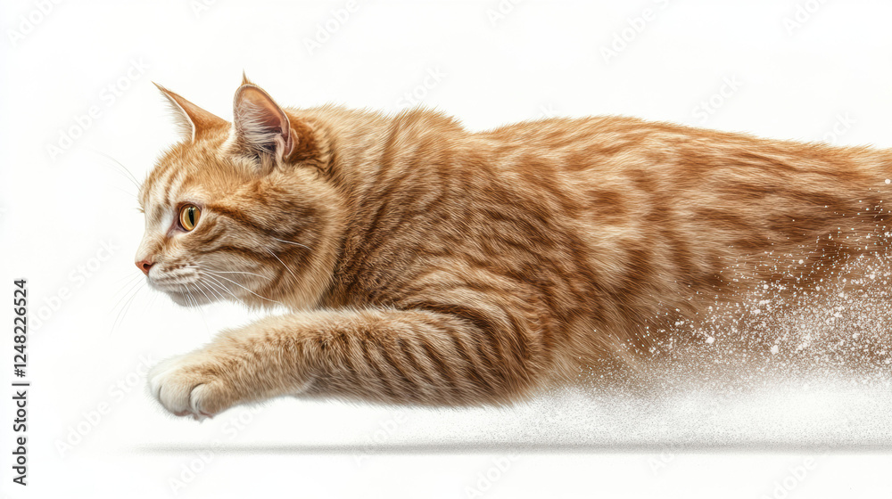 Fototapeta premium Energetic orange cat sprinting across a white background