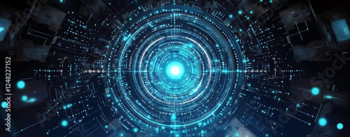 Futuristic Abstract Circle Design with Blue Neon Light and Digital Circuit Patterns Radiating from Center for Technology, Science, and Innovation Concepts