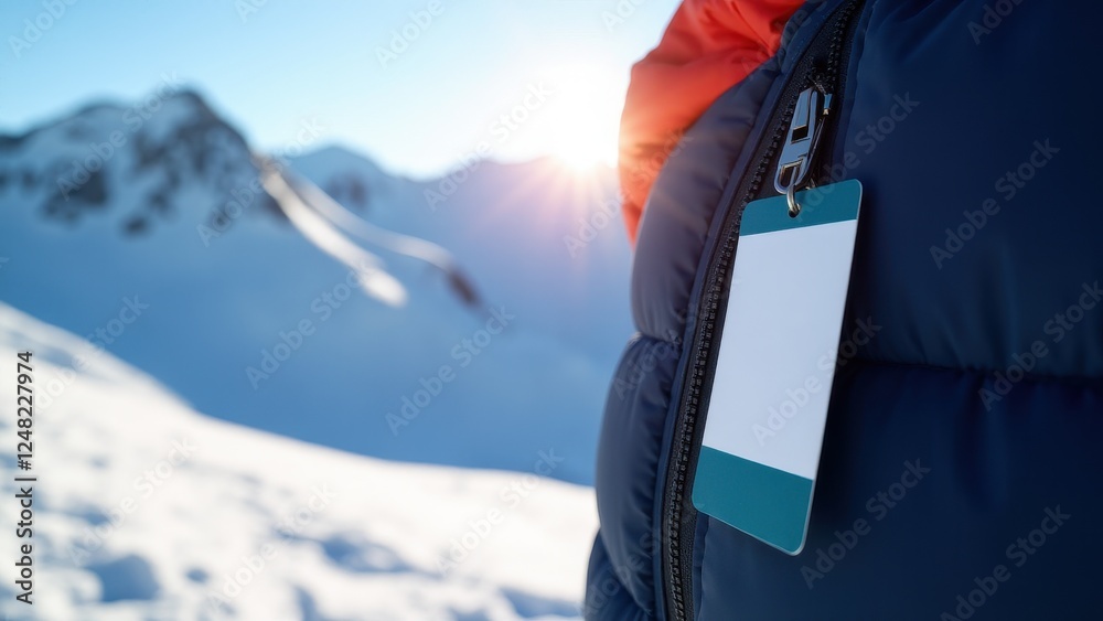 Ski pass mockup attached to a jacket with a snowy mountain background.