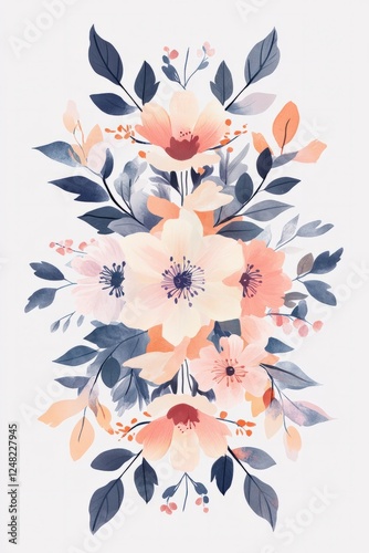 A modern floral illustration in pastel colors with symmetrical placement on a solid background.
