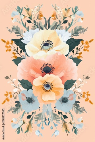 A modern floral illustration in pastel colors with symmetrical placement on a solid background.