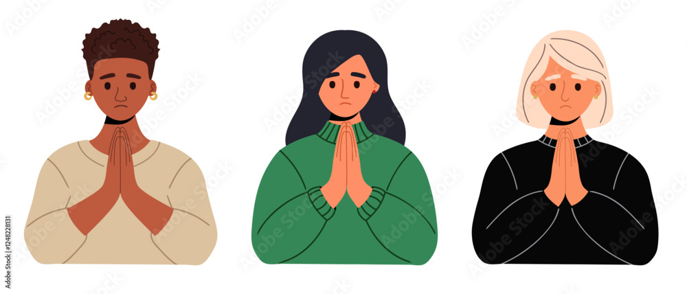 Women of different races in casual clothes pray with their hands folded in a gesture of apology. Apologize or say sorry, regret for what happen asking for forgiveness concept. Vector illustration