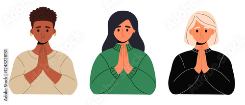Women of different races in casual clothes pray with their hands folded in a gesture of apology. Apologize or say sorry, regret for what happen asking for forgiveness concept. Vector illustration