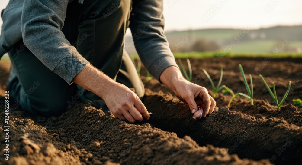 Male adult planting seeds in garden with green landscape in background Male adult planting seeds in garden with green landscape in background
