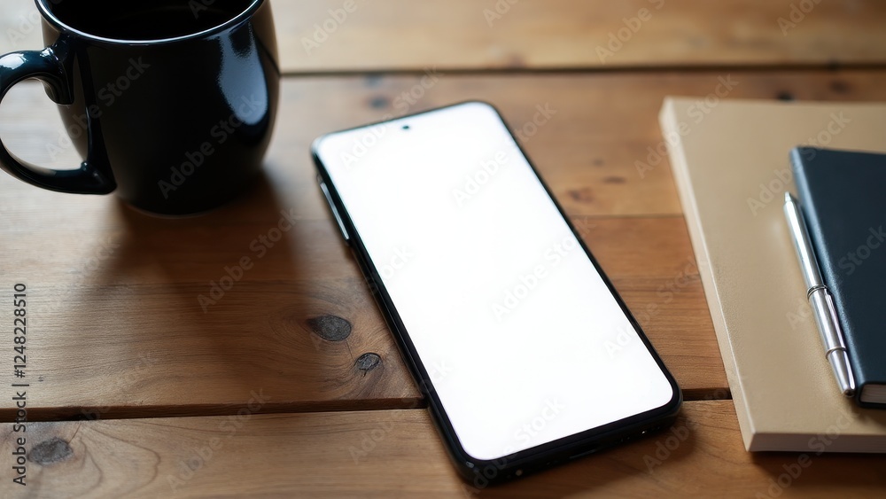 Smartphone mockup on a wooden table next to a coffee mug, notebook, and pen. Smartphone mockup on a wooden table next to a coffee mug, notebook, and pen.