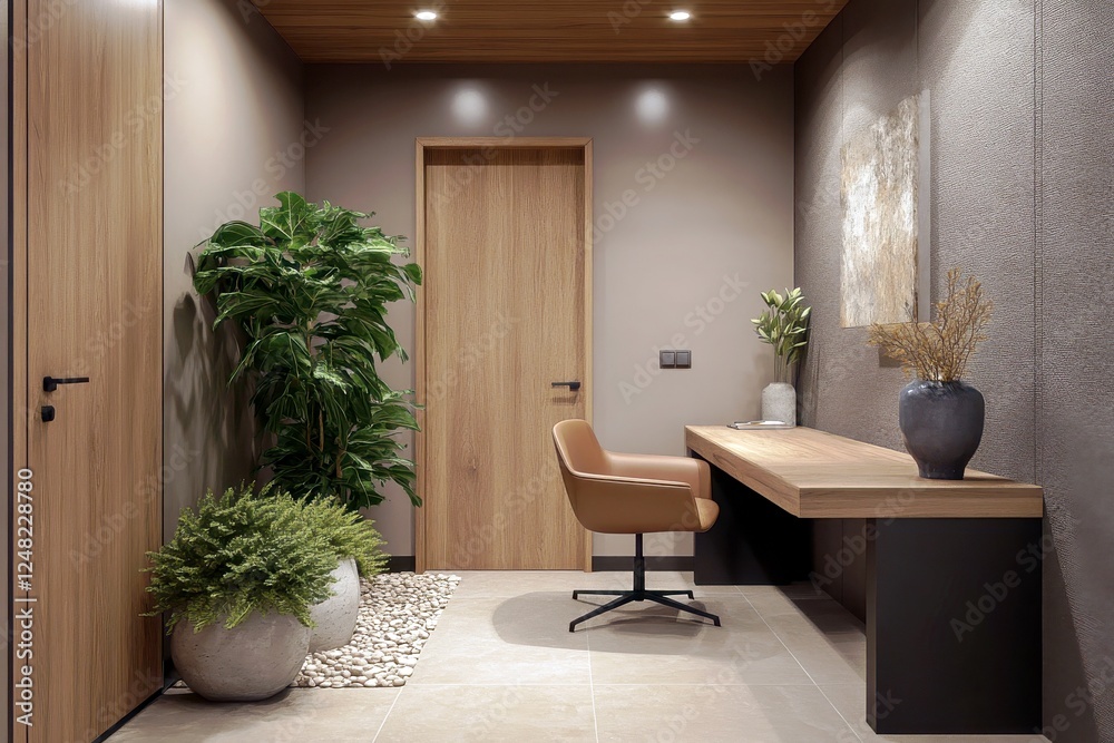Fototapeta premium Modern Minimalist Interior Design with Natural Greenery and Stylish Furniture in a Contemporary Entryway Space