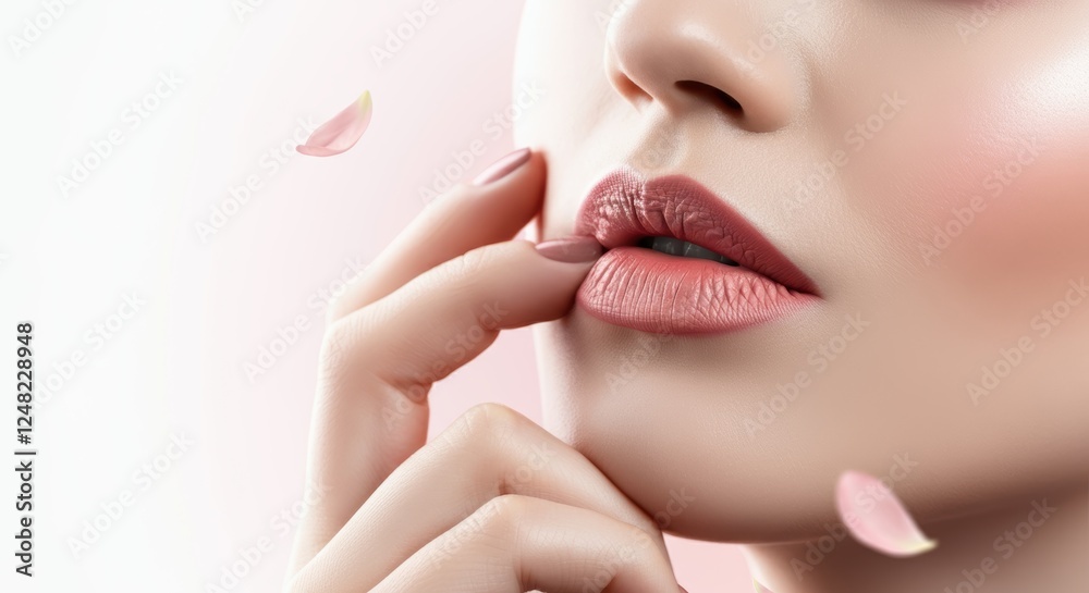 Close-up of female lips with delicate petals against soft background Close-up of female lips with delicate petals against soft background