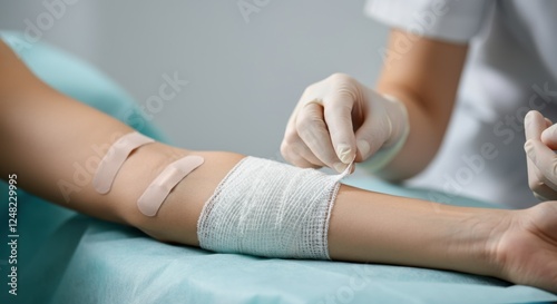 Medical professional bandaging female adult's arm in clinical setting