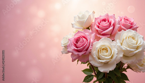 Beautiful bouquet of pink and white roses against a soft pink background, perfect for Valentine's Day, copy space