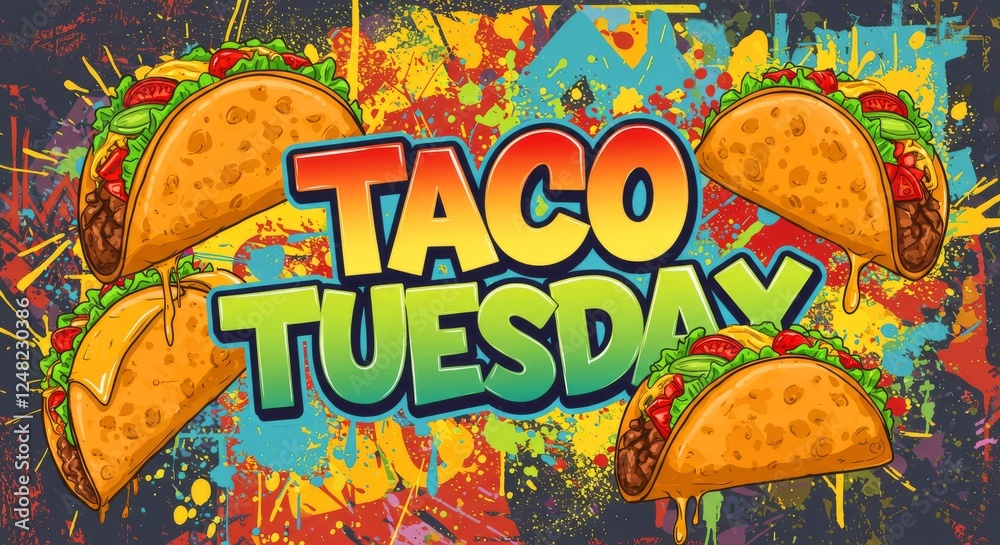 Fototapeta premium Colorful Taco Tuesday illustration with vibrant graffiti-style background