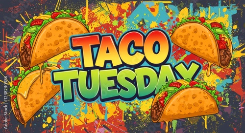 Colorful Taco Tuesday illustration with vibrant graffiti-style background