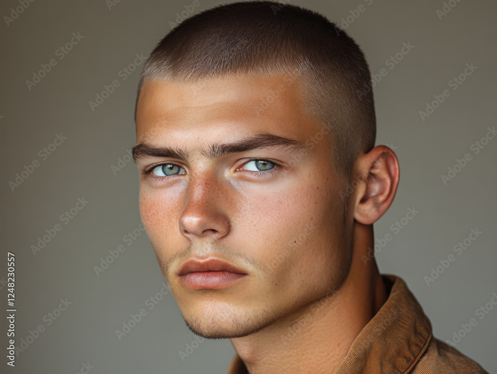 young man with buzz cut and striking blue eyes, showcasing confident expression against neutral background young man with buzz cut and striking blue eyes, showcasing confident expression against neutral background