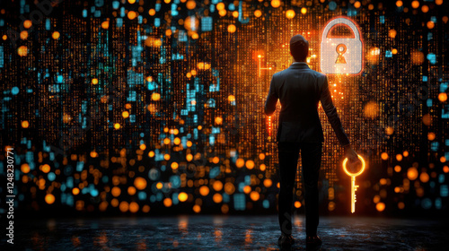 Unlocking digital security with key, professional stands confidently in front of glowing data wall