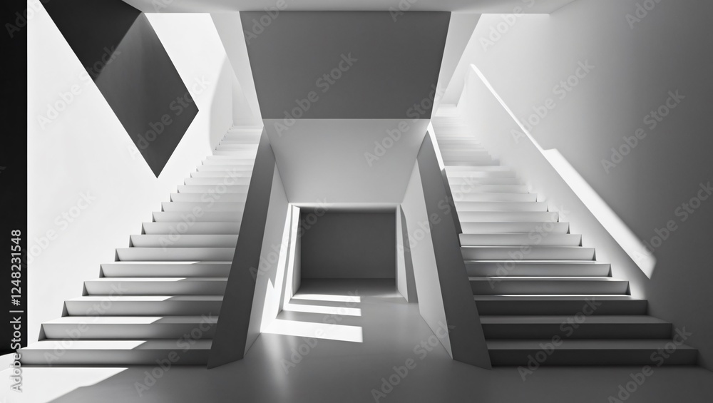 Fototapeta premium Modern Architectural Interior with Symmetrical Staircases and Minimalist Design